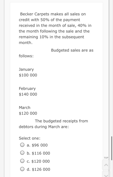 Becker Carpets makes all sales on credit with 50% of the payment received in the month of sale, 40% in the month following th