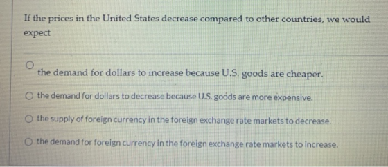 If the prices in the United States decrease compared to other countries, we would expect o the demand for dollars to increase