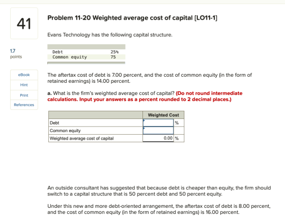 Problem 11-20 Weighted average cost of capital (LO11-1) Evans Technology has the following capital structure. Debt Common equ