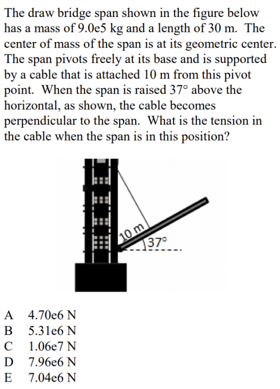 The draw bridge span shown in the figure below has a mass of 9.0e5 kg and a length of 30 m. The center of mass of the span is