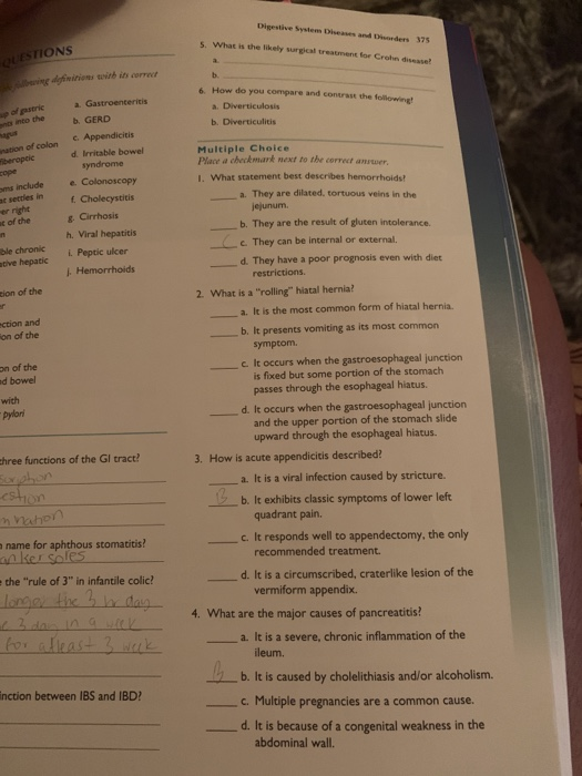Digestive System Devesand Daders 375 5. What is the key surpal treatment for Crohn disesse QUESTIONS 6 How do you compare and