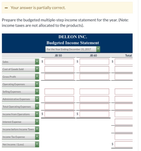 - Your answer is partially correct. Prepare the budgeted multiple-step income statement for the year. (Note: income taxes are