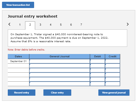 View transaction list Journal entry worksheet 3 4 5 6 7 On September 1, Tristar signed a $40,000 noninterest-bearing note to