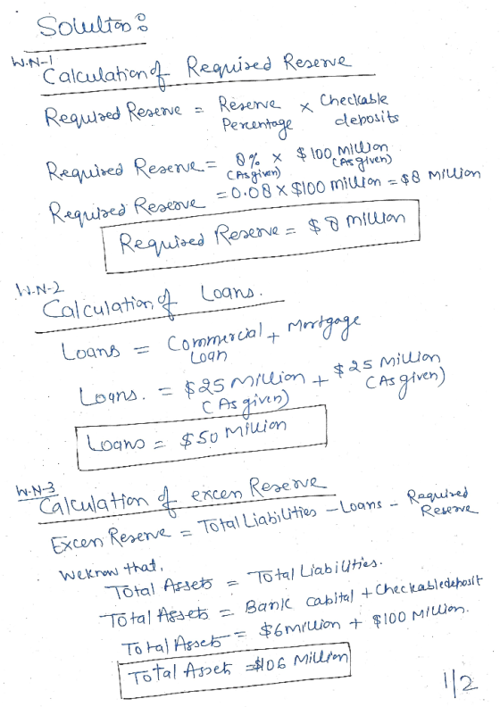 Souultoo W.N- Calculahon Regrised Reserve Requlaed Resenve Reserve Checkable Percartoge deposits Required Resene= 0 % x $ 100