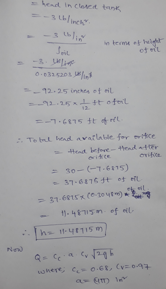 head in closed tank =-3lblinchr. (blin Soil 3 in terms of height of oil -3. Yo Lint 0.0325203 U/int = - 92.25 inches of oil =