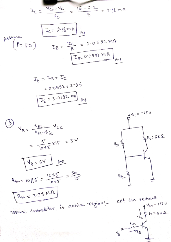 5 -0.2 Ie= Vee-ve lo = = 2.96 mA Ic=9.96mA Axuy (f=50) Deze =0.0592 mA IB=0.0592 MA Ang IE = IBt Ic -0.0592+2-96 mal IE = 3.0