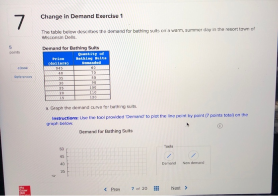 7 Change in Demand Exercise 1 The table below describes the demand for bathing suits on a warm, summer day in the resort town of Wisconsin Dells 5 points Demand for Bathing Suits Quantity of Price Bathing Suits (dollars) Demanded eBook $45 40 35 30 25 20 60 70 80 90 100 110 120 References a. Graph the demand curve for bathing suits Instructions: Use the tool provided Demand to plot the line point by point (7 points total) on the graph below Demand for Bathing Suits 50 45 40 35 Tools Demand New demand K Prev 7 of 20 Next >