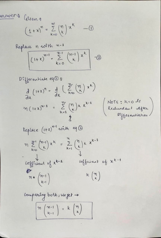 answer Grens -0 (1+x) • Ž ®)** Replace (1+x)*. () n with no1 k n-1 Σ k=o n n dx dx n NOTE : K=o es ME xk-2 Redundant After