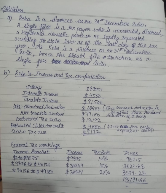 a solution a) Reba is a divorcee as on 31st December 2020. A single files is a tax payer who is unmarouled, disoused, sregist