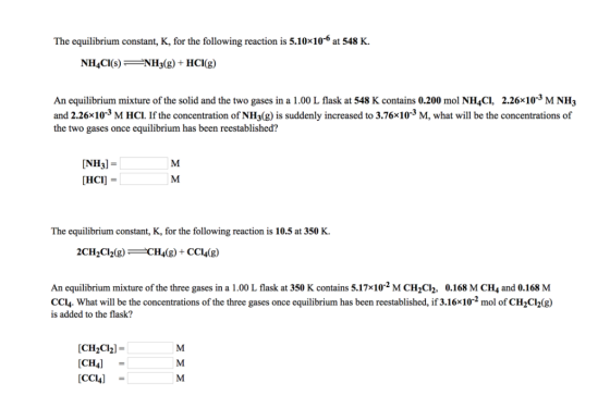 The equilibrium constant, K, for the following reaction is 5.10x10-6 at 548 K. NH4CI(s)H3(g +HCI(g) An equilibrium mixture of