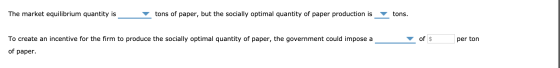 The market equilibrium quantity is tons of paper, but the socially optimal quantity of paper production is tons. To create an