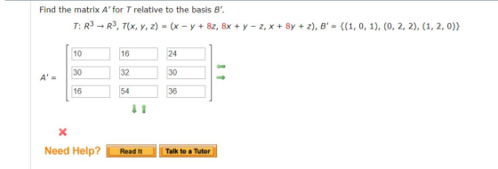 Find the matrix A for T relative to the basis B. 8yz), B-((1, 0, 1), (o, 2, 2), (1, 2, 0)) 8z, 8x y - z, x R3, T(x, y, z)