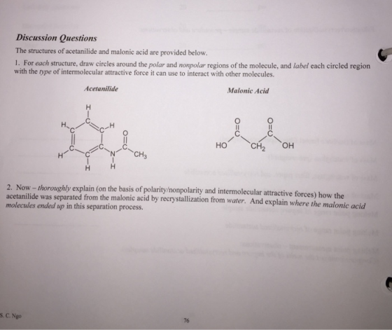 Discussion Questions The structures of acetanilide and malonic acid are provided below 1. For each structure, draw circles ar