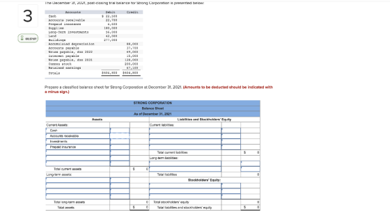 The December 31, 2021, past-closing trial balance for Strong Corporation is presented below: Credit Debit $ 22,500 22,700 4,6