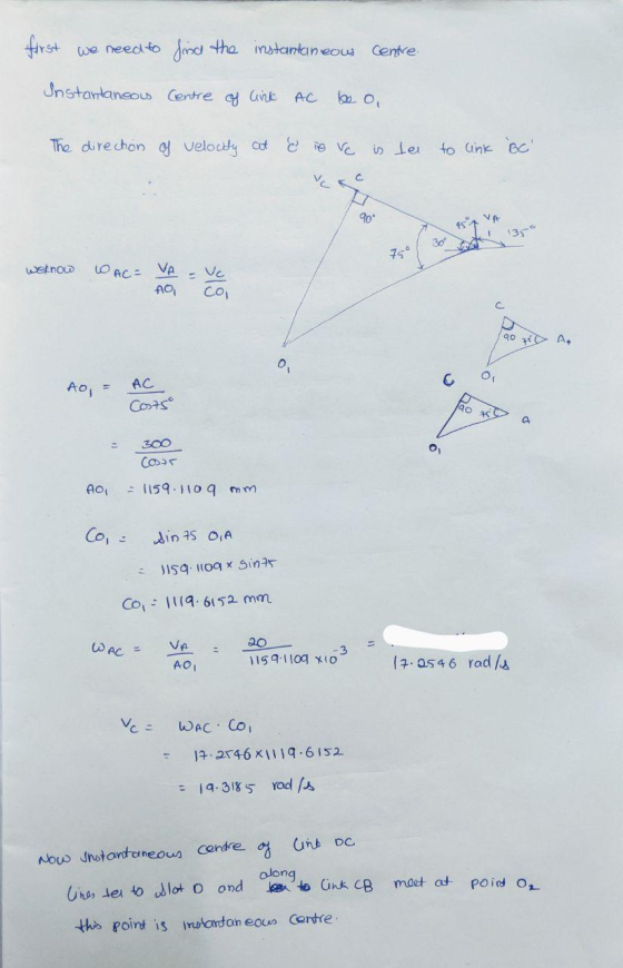 first we need to find the instantaneous Centre Instantaneous Centre of line AC The direction of velouty at e io vo is ter to