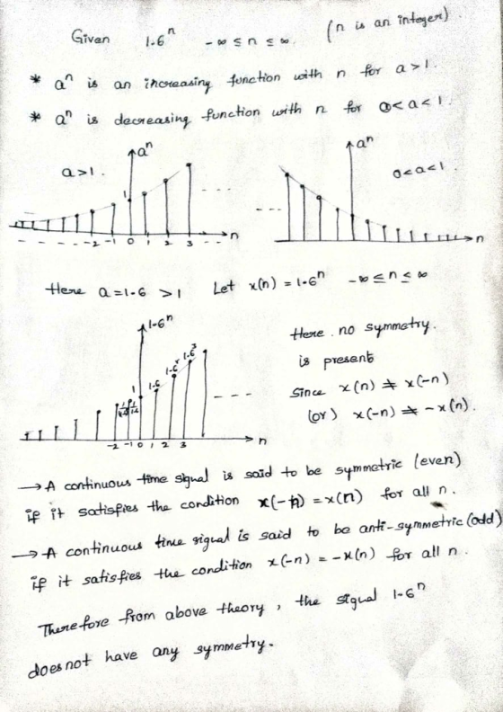 几 nu an Tnteet) a is an increasing fonction uith n fer a> an is deceasing function with n 유r ea-l Aa 4H i-6h tHexe no symmathy is presenb A co tert satisees the cordition tsaid to be symntre (even) nuous ic leven x(-か=x(n) for all n. →-A continuous tine 9tqud is said to be anti-symetric (odd) if it satis위es the condition x(-n)--x(n) for all n Thene fore rom abova thaory,the Stgual - does not have any symmehy