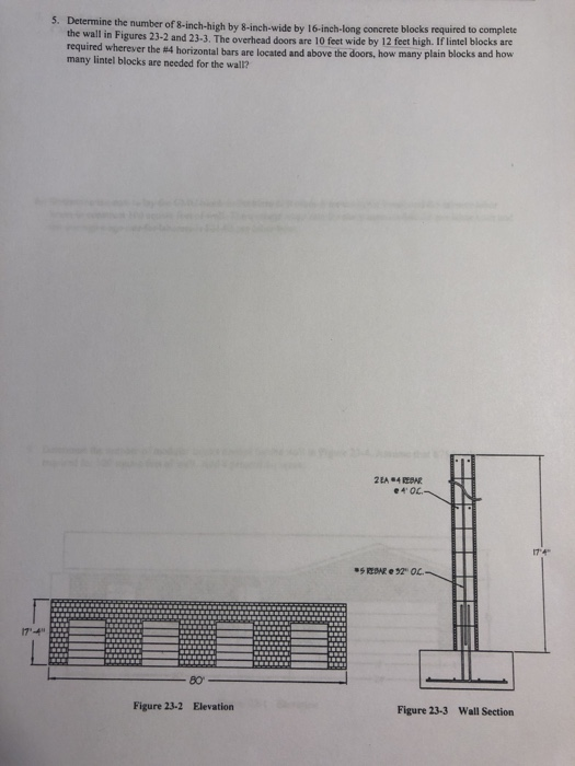 5. Determine the number of 8-nch-high by B-inch-wide by I6-inch-long concrete blocks required to complete the wall in Figures 23-2 and 23.3. The overhead doors are l0 feet wide by 12 feet high. If lintel blocks are required many lintel blocks are needed for the wal? wherever the #4 horizontal bars are located and above the doors, how many plain blocks and how 1T e40C 174 17-4 80 Figure 23-2 Elevation Figure 23-3 Wall Section
