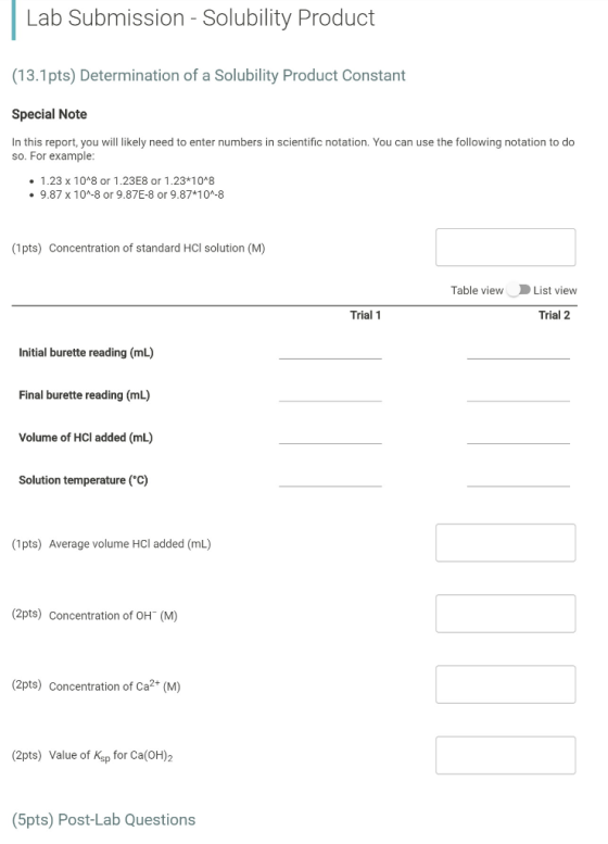 Lab Submission - Solubility Product (13.1 pts) Determination of a Solubility Product Constant Special Note In this report, yo