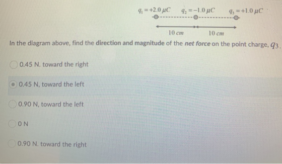 91 = +2.0 uc 92 =-1.0 C 9; = +10 °C 10 cm 10 cm In the diagram above, find the direction and magnitude of the net force on th