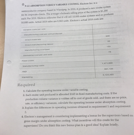 9-22 ABSORPTION VERSUS VARIABLE COSTING. Electron Inc. is a semiconductor company based in Winnipeg. In 2018, it produced a n