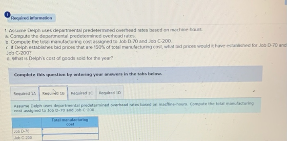 Required information 1. Assume Delph uses departmental predetermined overhead rates based on machine-hours. a. Compute the de