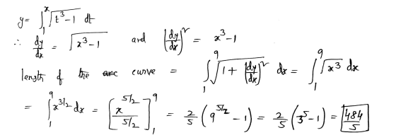 X E y = dt and 23-1 23-1 .. 9 dae the are length of curve +3 ley Sjot der $(94-1)= (-1) - The 29 23l2 dx x = 5/2