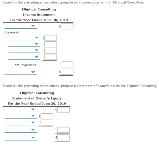 Based on the preceding spreadsheet, prepare an income statement for Elliptical Consulting. Elliptical Consulting Income State