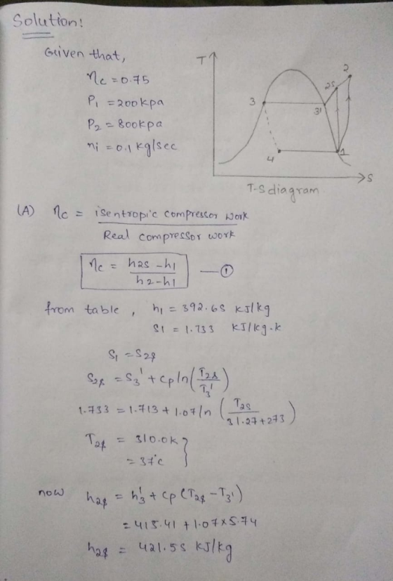 Solution! Griven -that, P1 =200 kPa 3 31 >S T-Sdiagram Real compressor too h2-h from table h32.6 K lkg g .33 KT/Ick 1-7 3 3-1. 34 l.04in | _as_ 2144+2打