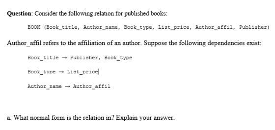 Question: Consider the following relation for published books: BOOK (Book title, Author_name, Book_type, List_price, Author_a