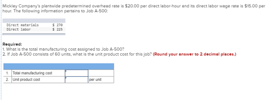 Mickley Companys plantwide predetermined overhead rate is $20.00 per direct labor-hour and its direct labor wage rate is $15