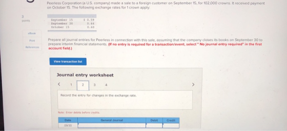 Peerless Corporation (US. company made a sale to a foreign customer on September 15, for 102,000 crowns. It received payment