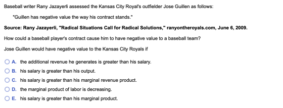 Baseball writer Rany Jazayerli assessed the Kansas City Royals outfielder Jose Guillen as follows: Guillen has negative val