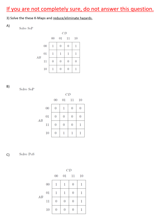 If you are not completely sure, do not answer this question. 3) Solve the these K-Maps and reduce/eliminate hazards. A) Solve