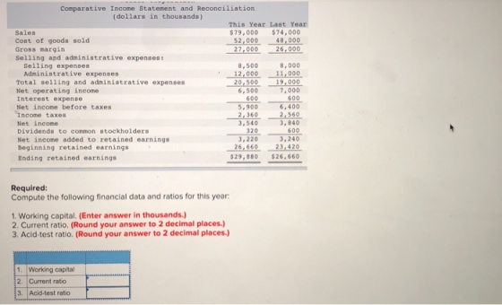 Comparative Income Statement and Reconciliation (dollars in thousands) This Year Last Year Sales $ 79,000 $ 74,000 Cost of go