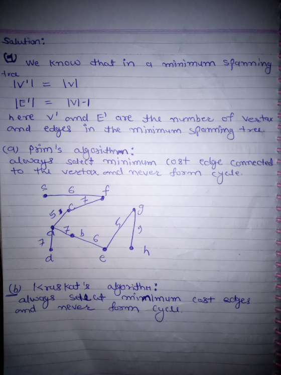 salution: = We know that in a minimum spanning toce Ivil = lvl TET TVI-1 here v and E are the number of vertaxe and edges in