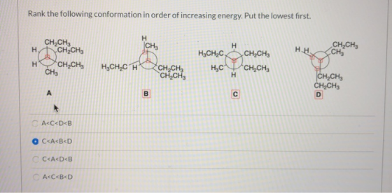 Rank the following conformation in order of increasing energy. Put the lowest first. CH2CH3 CHCH HH-CH2CH, HOCH CH H.CH C HC