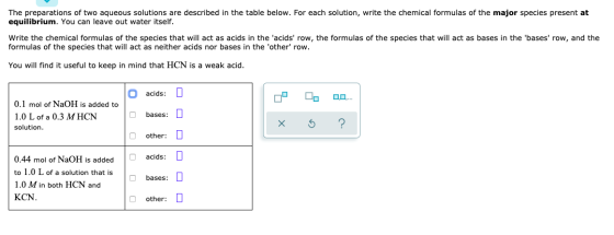 The preparations of two aqueous solutions are described in the table below. For each solution, write the chemical formulas of