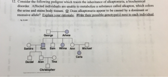 12. Consider the following pedigree which traces the inheritance of alkaptonuria, a biochemical disorder. Affected individual