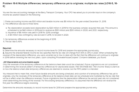 Problem 16-6 Multiple differences; temporary difference yet to originate; multiple tax rates [LO16-5, 16- You are the new acc