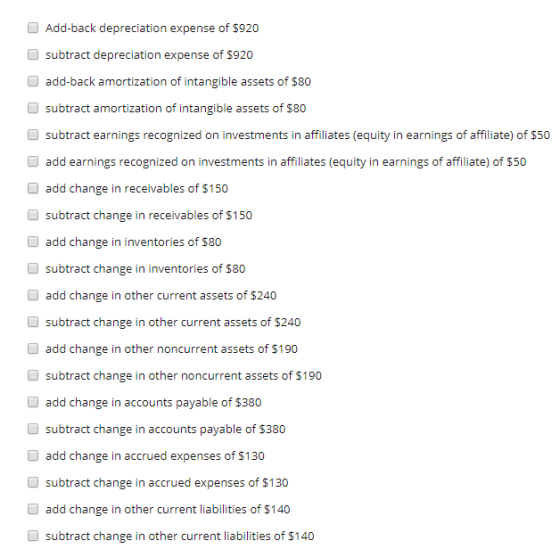Add-back depreciation expense of $920 subtract depreciation expense of $920 add-back amortization of intangible assets of $80