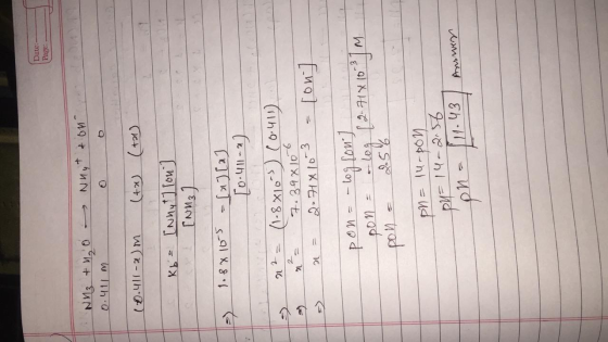 Date: Page: NH3 +no - Nuyt & oled 0.4UM (0.411-x)m (+a) (+) Kb= [nnyt] [ou] [NM3 ] 1.88 165 [0.411 - x) (1.8x103) (0.411) 7.3