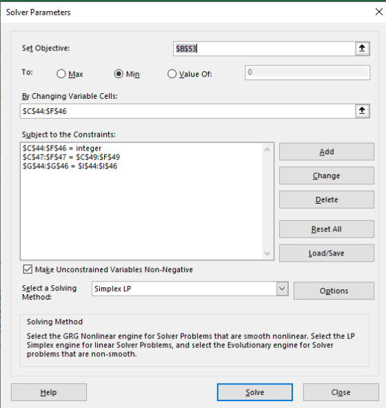 Solver Parameters х Set Objective: SB553 To: Max Min O Value Of: 0 By Changing Variable Cells: $C$44:$F$46 Subject to the Con