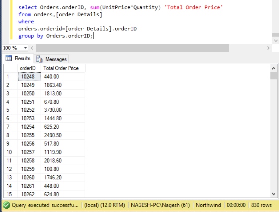 select Orders.orderID, sum(UnitPrice Quantity) Total Order Price from orders, [order Details] where orders.orderid=[order D