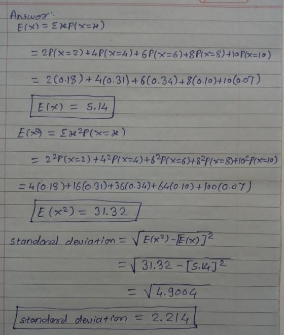 Answer: E(X) = Ejep(x=x) = 2P(x=2)+4P(X=4)+ 6P(x=6)+8 PIX=8)+10 Plx=10) = 200.18) + 460.31) + 6(0.34)+800.10)+1000.07) Elx) =