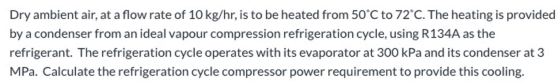 Dry ambient air, at a flow rate of 10 kg/hr, is to be heated from 50°C to 72°C. The heating is provided by a condenser from a