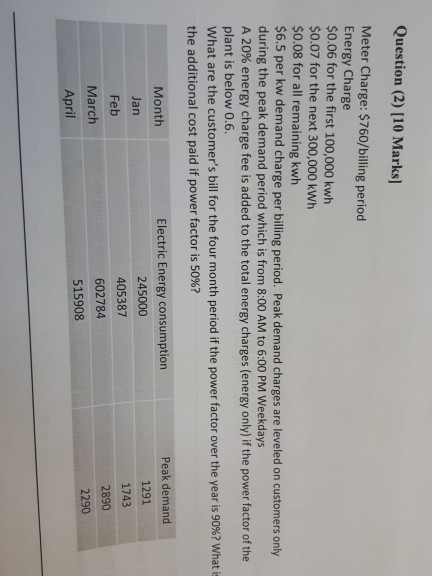 Question (2) [10 Marks] Meter Charge: $760/billing period Energy Charge $0.06 for the first 100,000 kwh $0.07 for the next 30