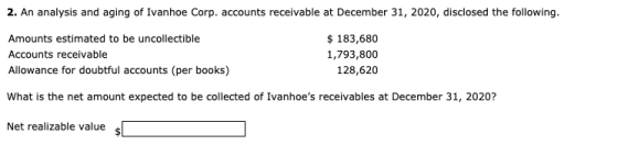 2. An analysis and aging of Ivanhoe Corp. accounts receivable at December 31, 2020, disclosed the following. Amounts estimate