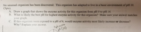 An unusual organism has been discovered. This organism has adapted to live in a basic environment of pH 10. (3pts) A Draw a g