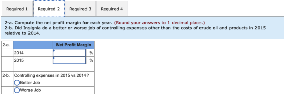 Required 1 Required 2 Required 3 Required 4 2-a. Compute the net profit margin for each year. (Round your answers to 1 decima