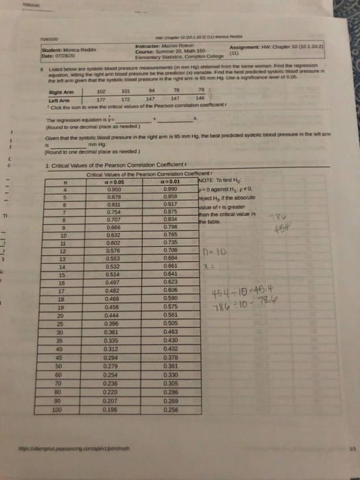 HW ( 110 Mosca Red Studenti Monica Reddix Instructor: Maroeun Assignment HW. Chapter 10 (101.10.2) Course: Summer 20, Math 15